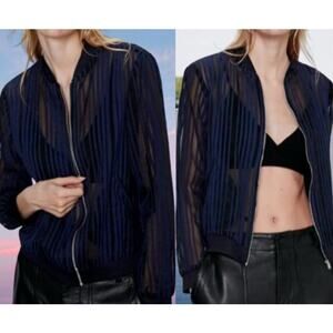 Zara Women’s Striped Organza Bomber Jacket Blue Size M Sheer Zip Sexy Navy